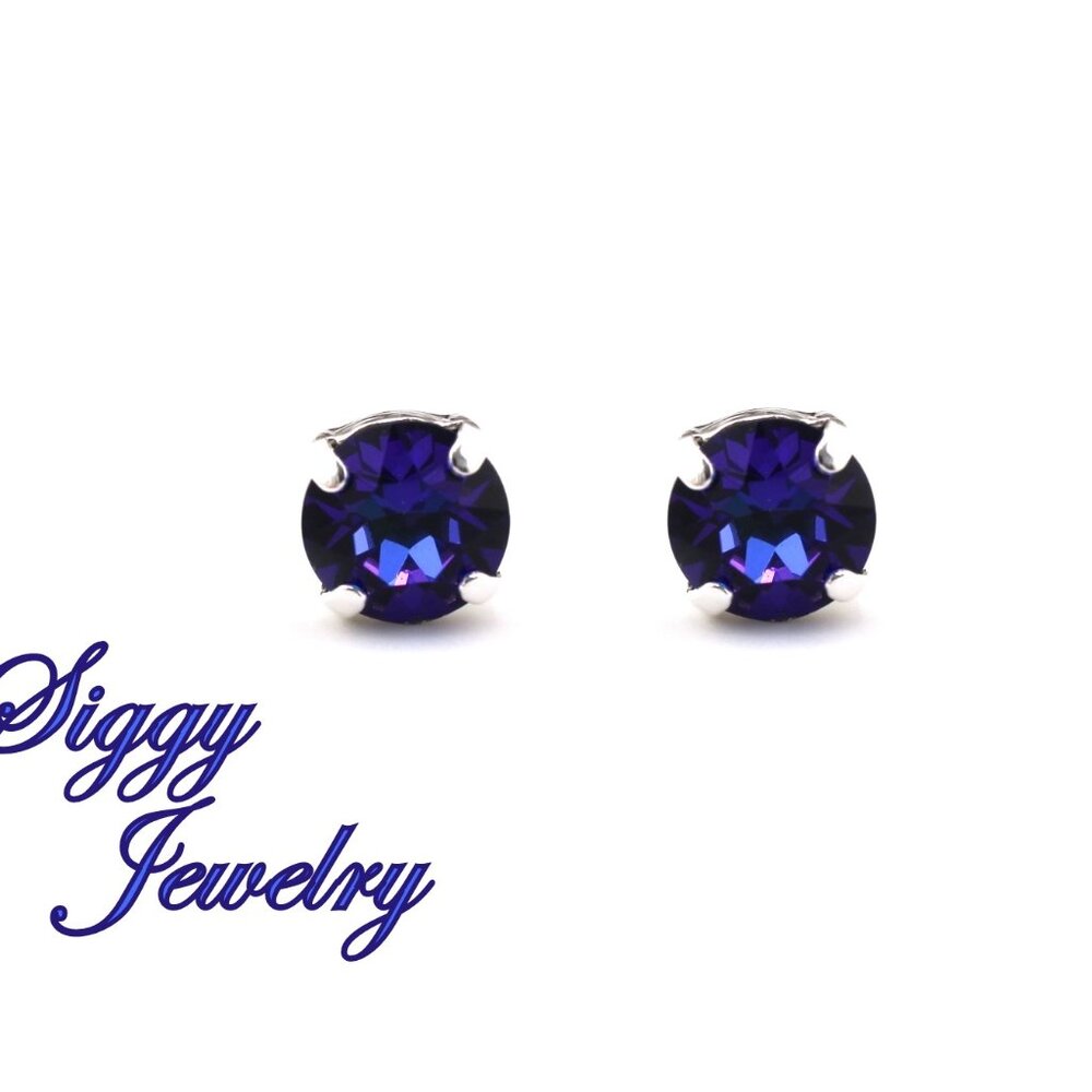 Heliotrope Austrian Crystal Earrings, 8mm solitaire Studs,  Assorted Finishes